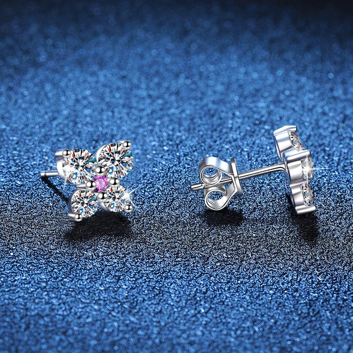 Butterfly Moissanite Stud Earrings with CZ in White Gold-Plated S925 Sterling Silver blue scene close-up view