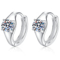 Round Moissanite Huggie Hoop Earrings in White Gold-Plated S925 Sterling Silver on clean white background showing a huggie hoop with a round moissanite focal stone