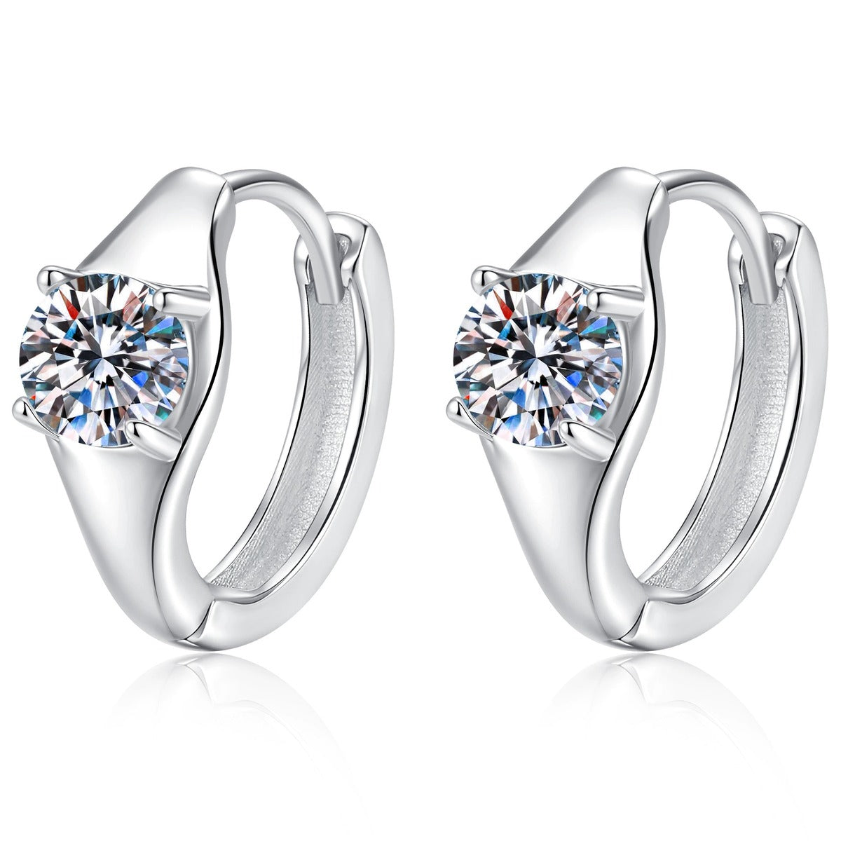 Round Moissanite Huggie Hoop Earrings in White Gold-Plated S925 Sterling Silver on clean white background showing a huggie hoop with a round moissanite focal stone