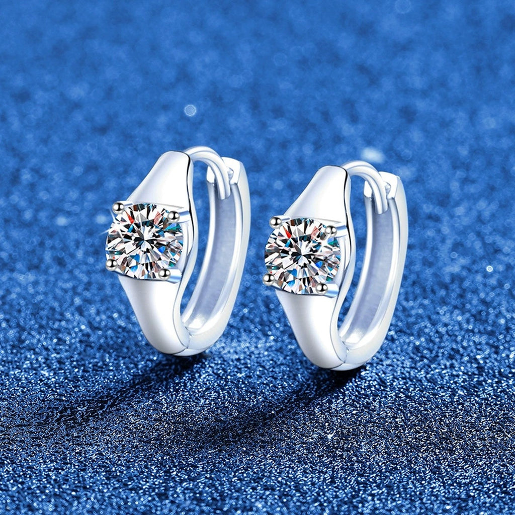 Round Moissanite Huggie Hoop Earrings in White Gold-Plated S925 Sterling Silver blue scene product view