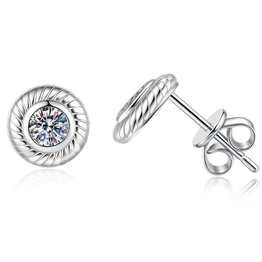 Bezel Moissanite Stud Earrings in White Gold-Plated S925 Sterling Silver on clean white background showing a round bezel-like stud with a fluted bright outline