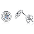 Bezel Moissanite Stud Earrings in White Gold-Plated S925 Sterling Silver on clean white background showing a round bezel-like stud with a fluted bright outline