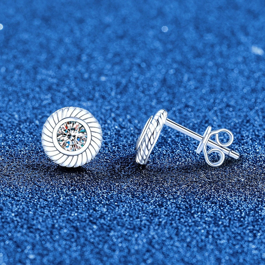 Bezel Moissanite Stud Earrings in White Gold-Plated S925 Sterling Silver blue scene product view