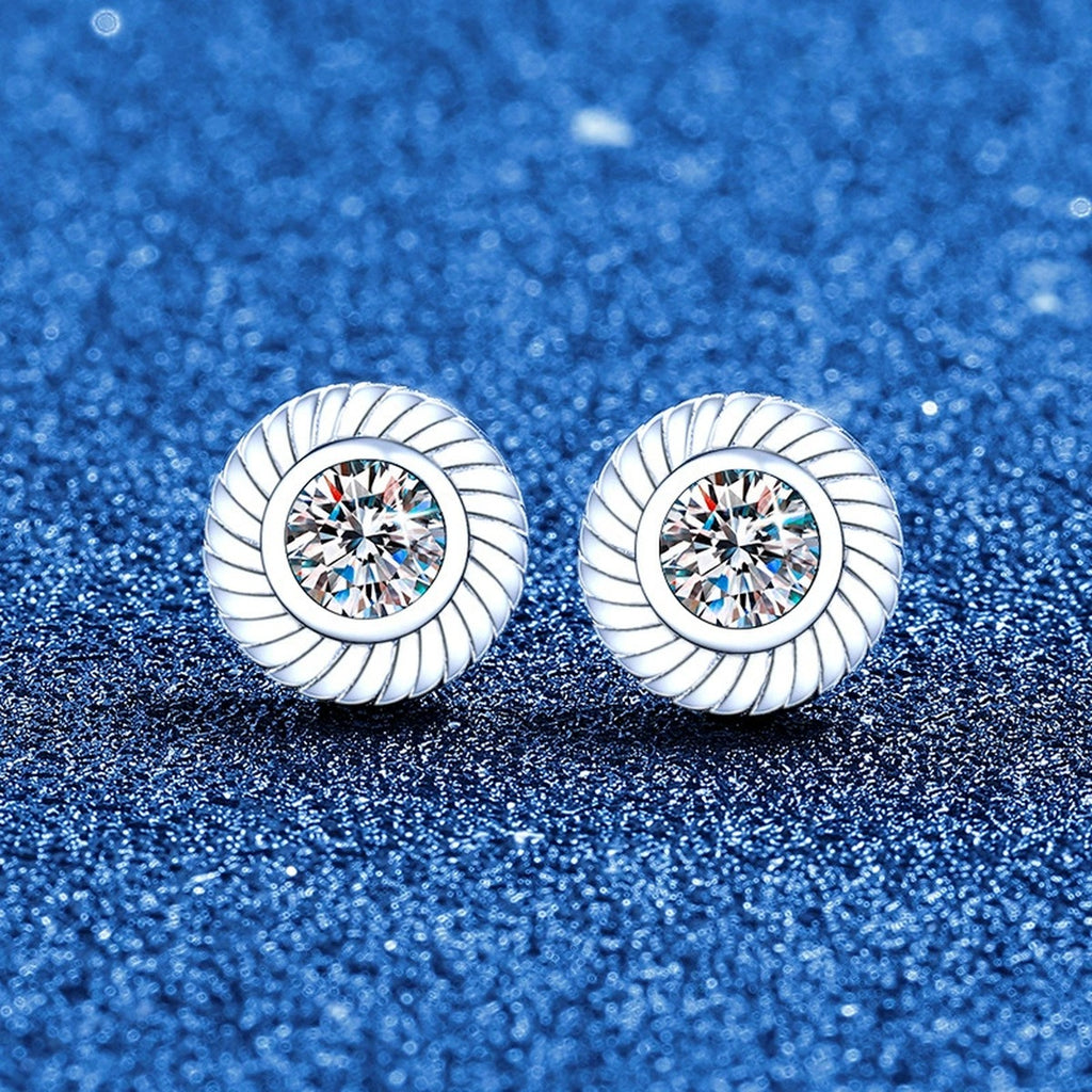 Bezel Moissanite Stud Earrings in White Gold-Plated S925 Sterling Silver blue scene angled view