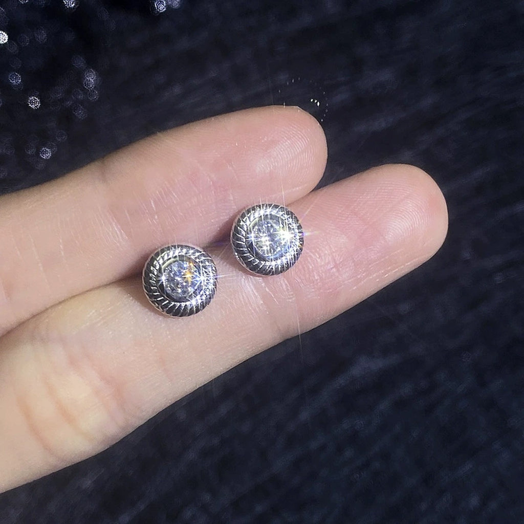Bezel Moissanite Stud Earrings in White Gold-Plated S925 Sterling Silver close-up product detail view