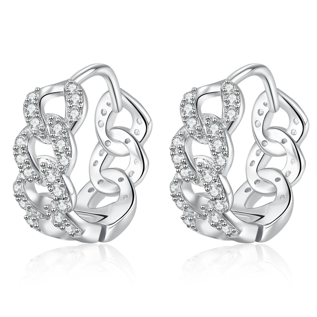 Openwork Pave Moissanite Hoop Earrings in White Gold-Plated S925 Sterling Silver on clean white background showing an openwork hoop with crossing lines of pave moissanite