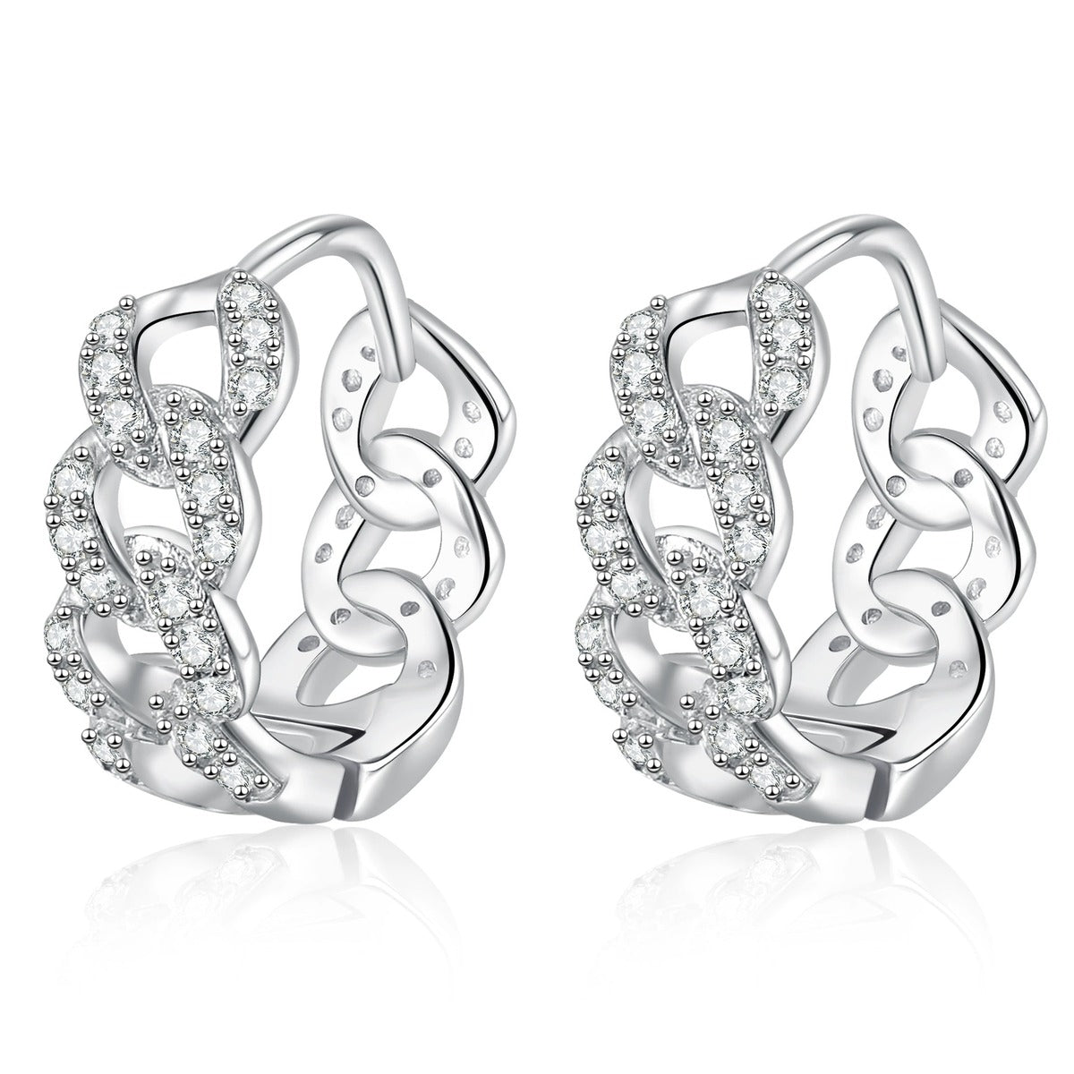 Openwork Pave Moissanite Hoop Earrings in White Gold-Plated S925 Sterling Silver on clean white background showing an openwork hoop with crossing lines of pave moissanite