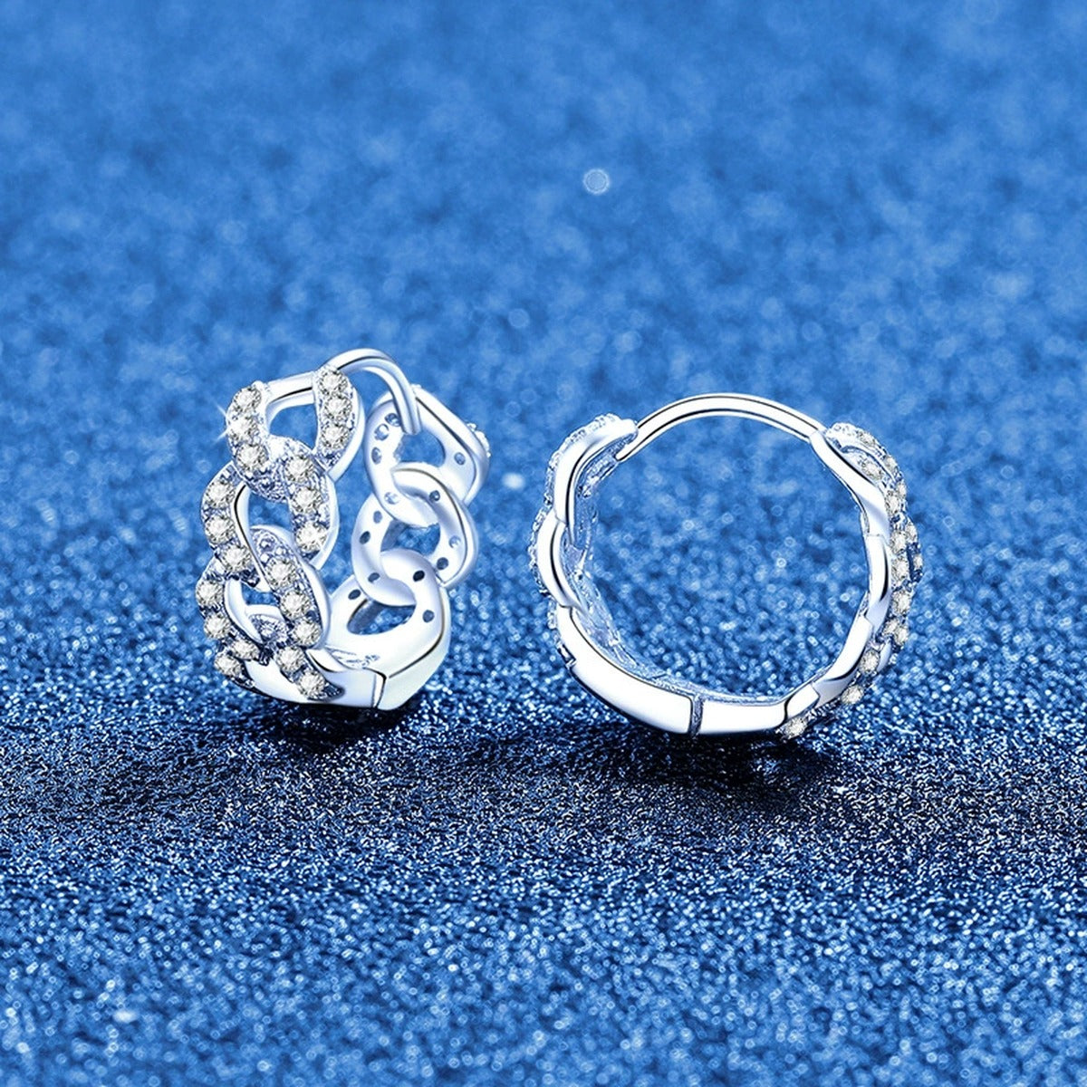 Openwork Pave Moissanite Hoop Earrings in White Gold-Plated S925 Sterling Silver blue scene product view