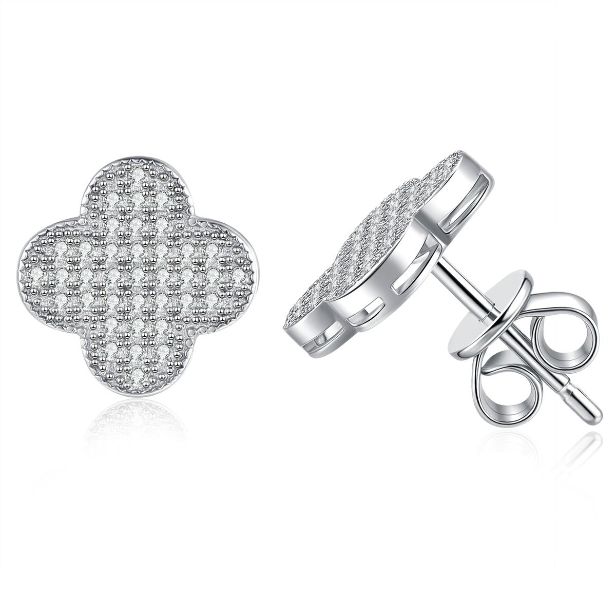 Clover Pave Moissanite Stud Earrings in White Gold-Plated S925 Sterling Silver on clean white background showing a clover-shaped pave stud with small round moissanite stones