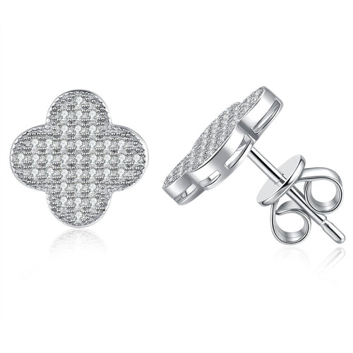 Clover Pave Moissanite Stud Earrings in White Gold-Plated S925 Sterling Silver on clean white background showing a clover-shaped pave stud with small round moissanite stones