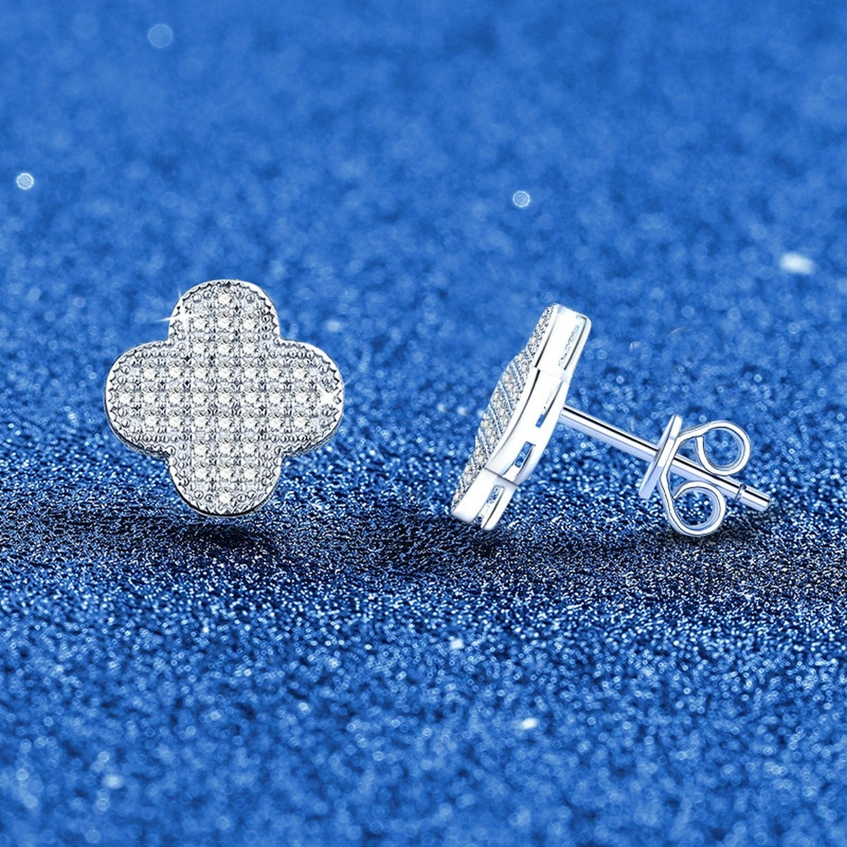 Clover Pave Moissanite Stud Earrings in White Gold-Plated S925 Sterling Silver blue scene product view