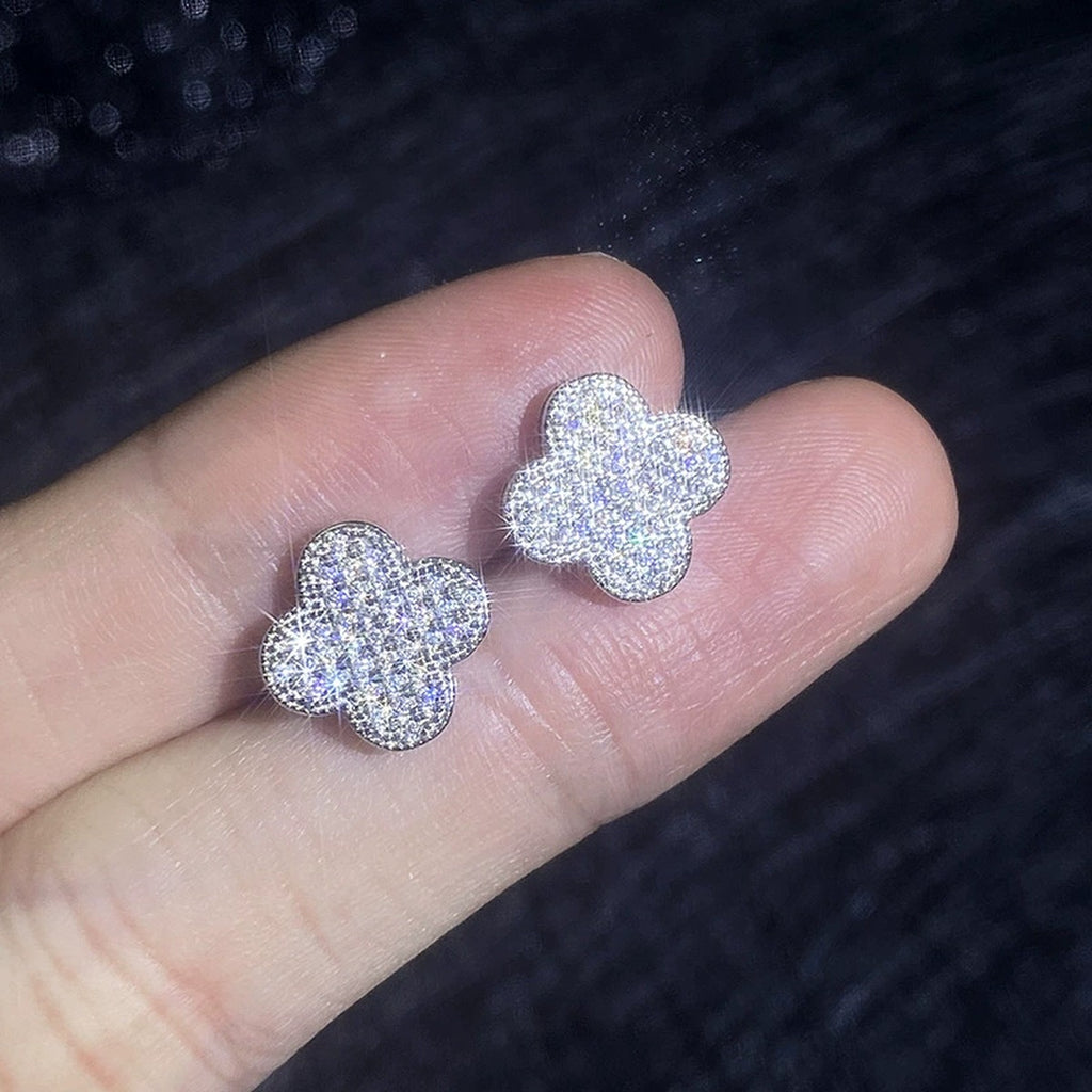 Clover Pave Moissanite Stud Earrings in White Gold-Plated S925 Sterling Silver close-up product detail view