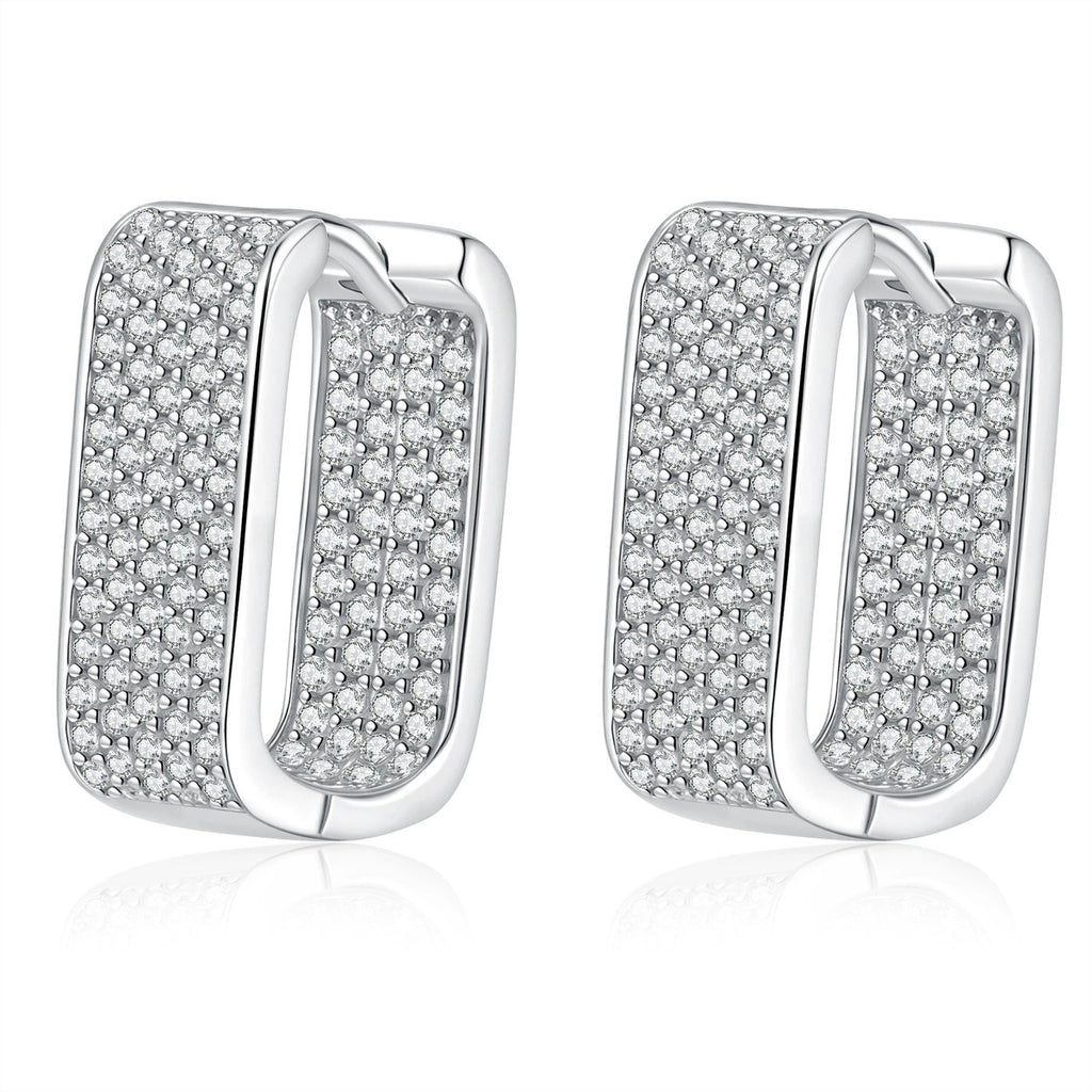 Rectangular Pave Moissanite Hoop Earrings in White Gold-Plated S925 Sterling Silver on clean white background showing a rectangular hoop with pave moissanite across the front face