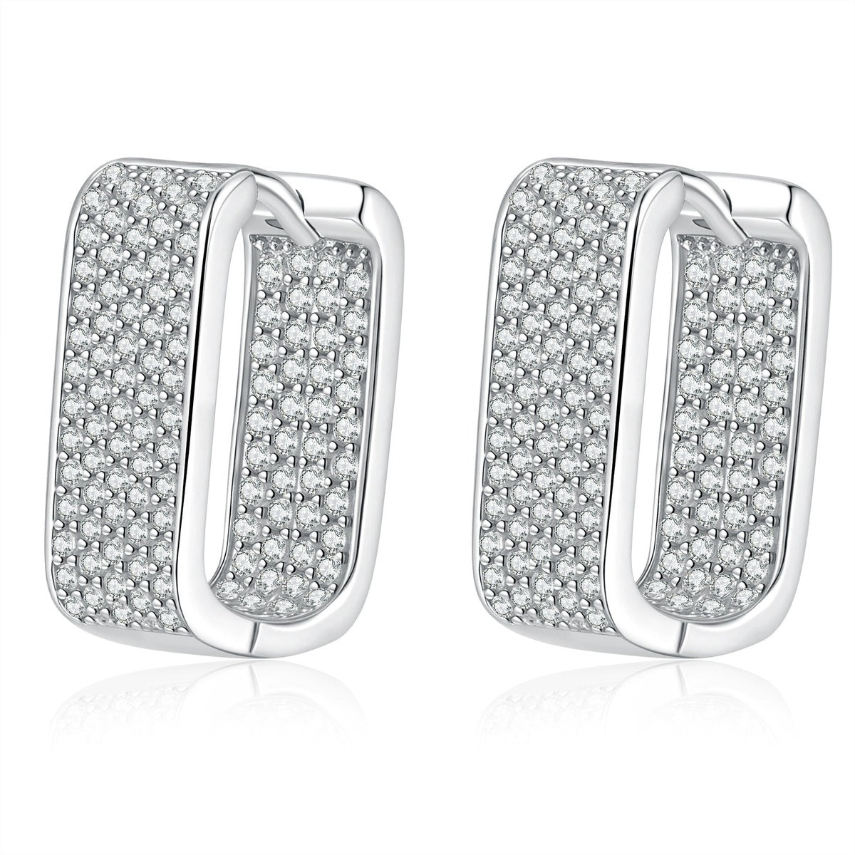 Rectangular Pave Moissanite Hoop Earrings in White Gold-Plated S925 Sterling Silver on clean white background showing a rectangular hoop with pave moissanite across the front face
