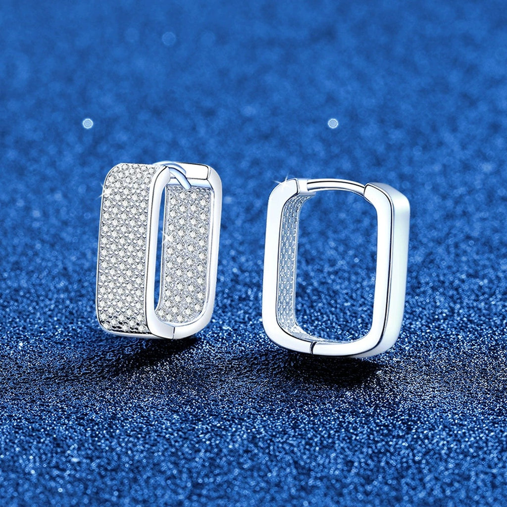 Rectangular Pave Moissanite Hoop Earrings in White Gold-Plated S925 Sterling Silver blue scene product view