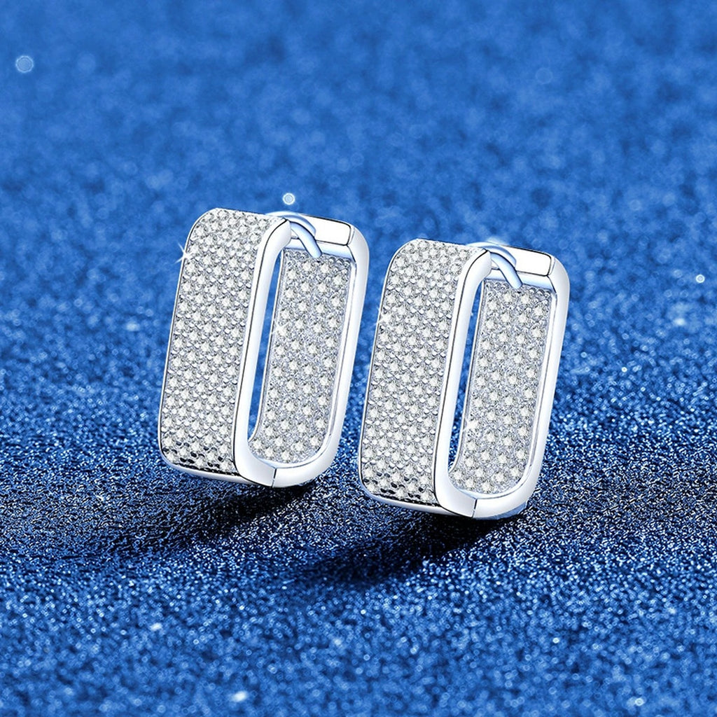 Rectangular Pave Moissanite Hoop Earrings in White Gold-Plated S925 Sterling Silver blue scene angled view