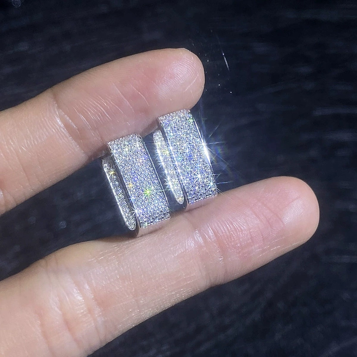 Rectangular Pave Moissanite Hoop Earrings in White Gold-Plated S925 Sterling Silver close-up product detail view
