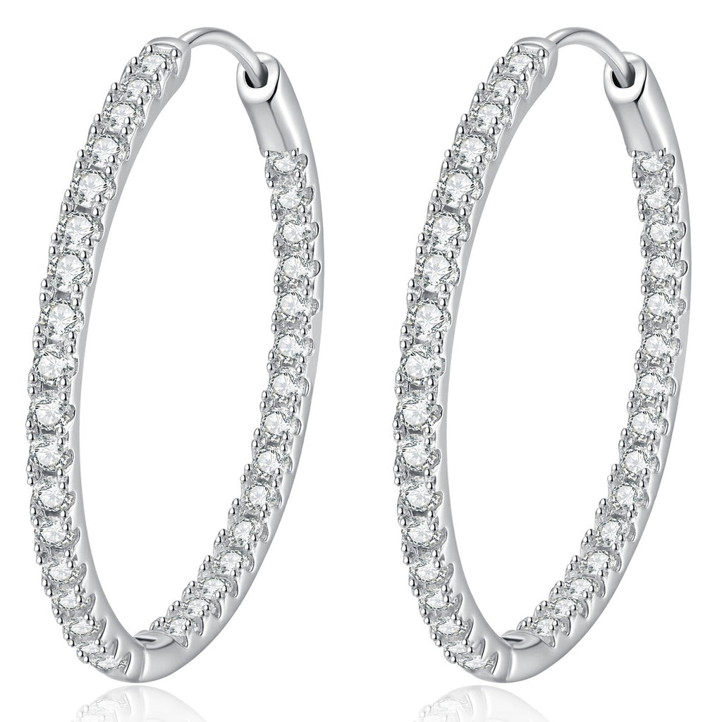 Large Pave Moissanite Hoop Earrings in White Gold-Plated S925 Sterling Silver on clean white background showing a larger hoop fully traced with round moissanite stones