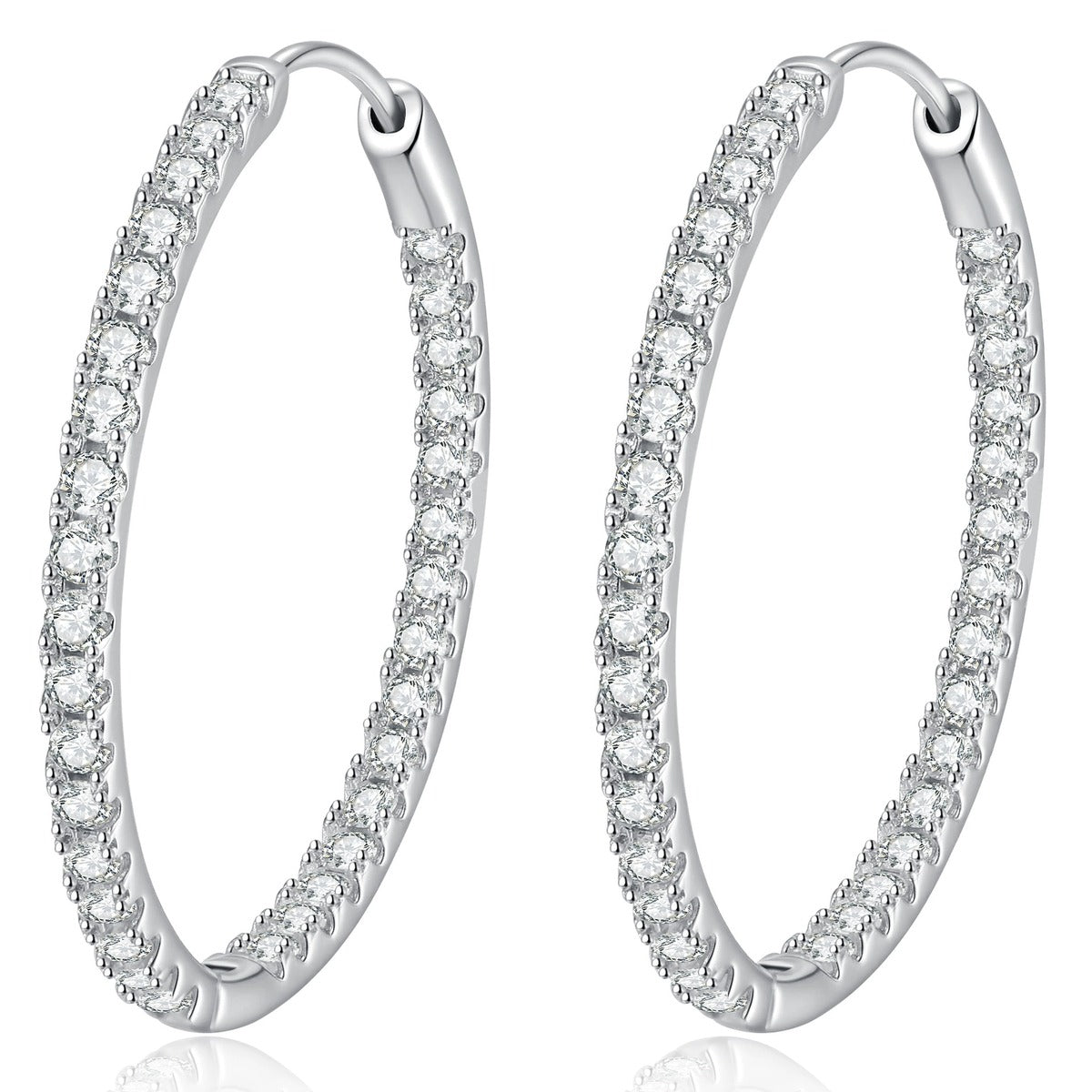 Large Pave Moissanite Hoop Earrings in White Gold-Plated S925 Sterling Silver on clean white background showing a larger hoop fully traced with round moissanite stones