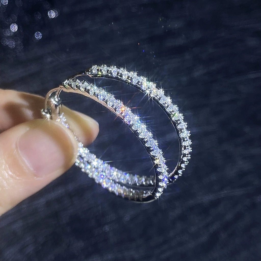 Large Pave Moissanite Hoop Earrings in White Gold-Plated S925 Sterling Silver close-up product detail view