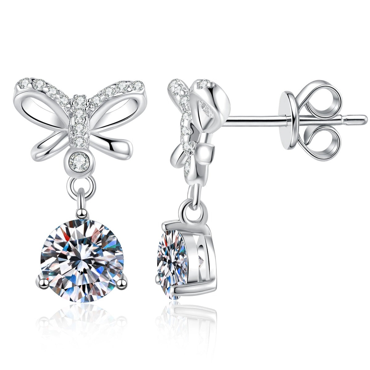 Butterfly Moissanite Drop Earrings with CZ in White Gold-Plated S925 on clean white background showing the pair and butterfly stud top with a round moissanite drop below