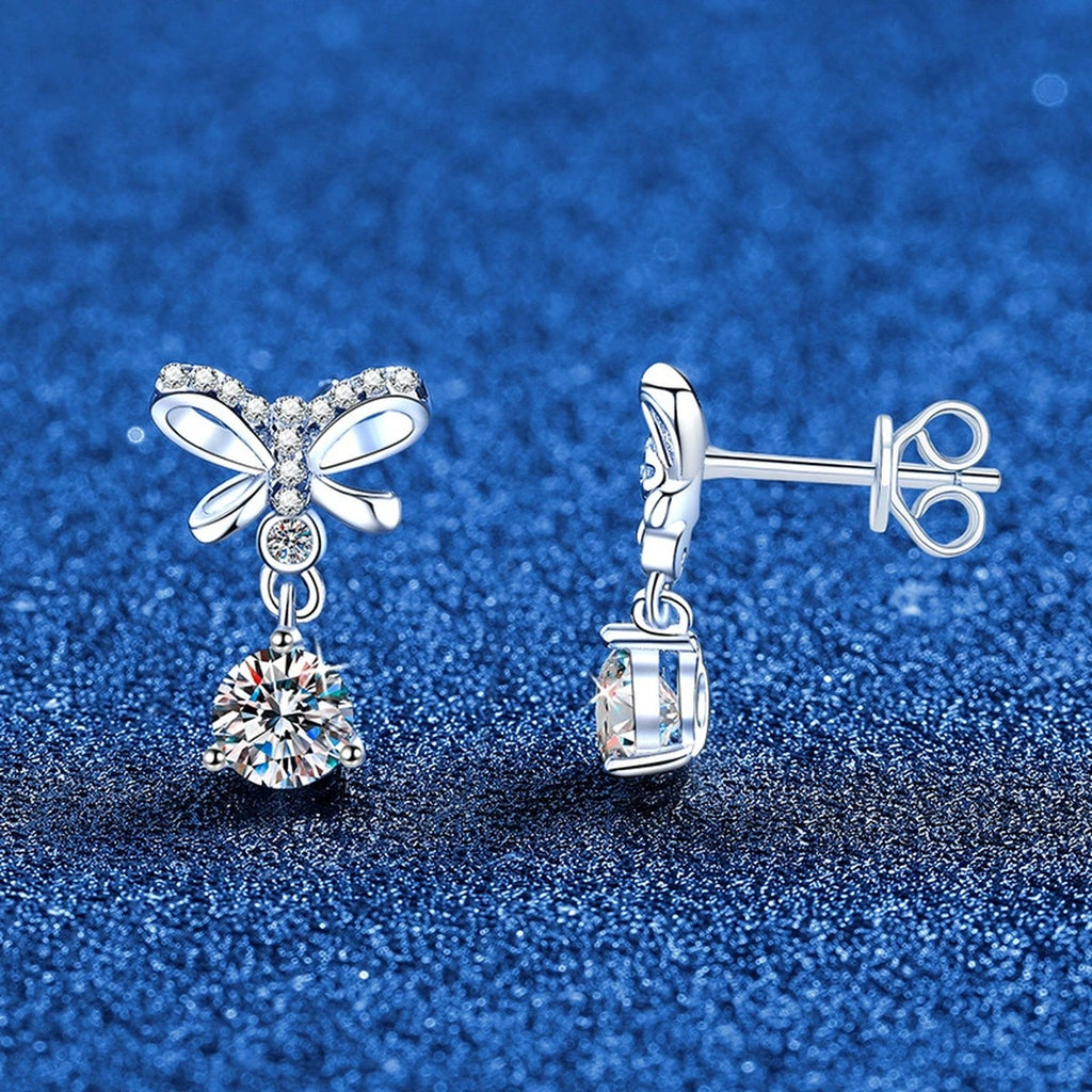 Butterfly Moissanite Drop Earrings with CZ in White Gold-Plated S925 blue scene angled view