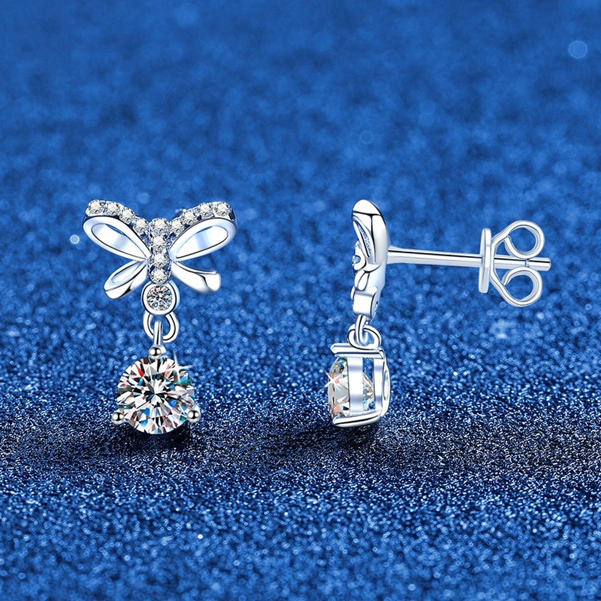 Butterfly Moissanite Drop Earrings with CZ in White Gold-Plated S925 blue scene angled view