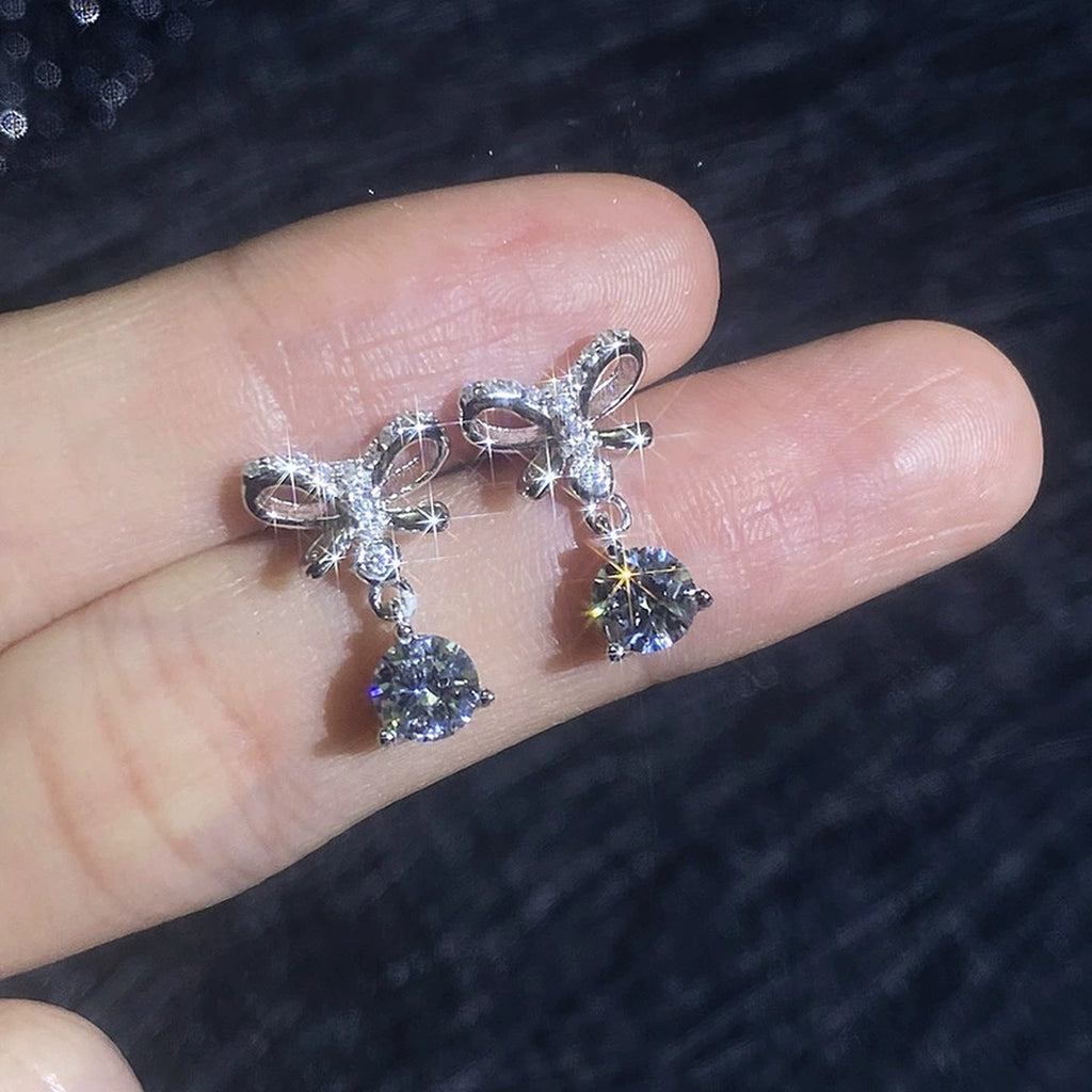 Butterfly Moissanite Drop Earrings with CZ in White Gold-Plated S925 close-up product detail view
