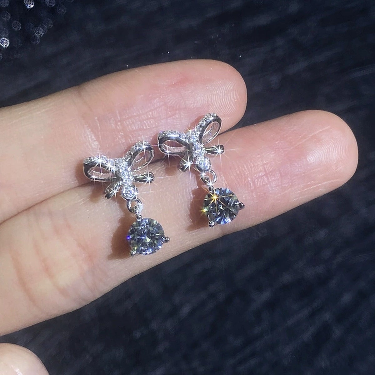 Butterfly Moissanite Drop Earrings with CZ in White Gold-Plated S925 close-up product detail view