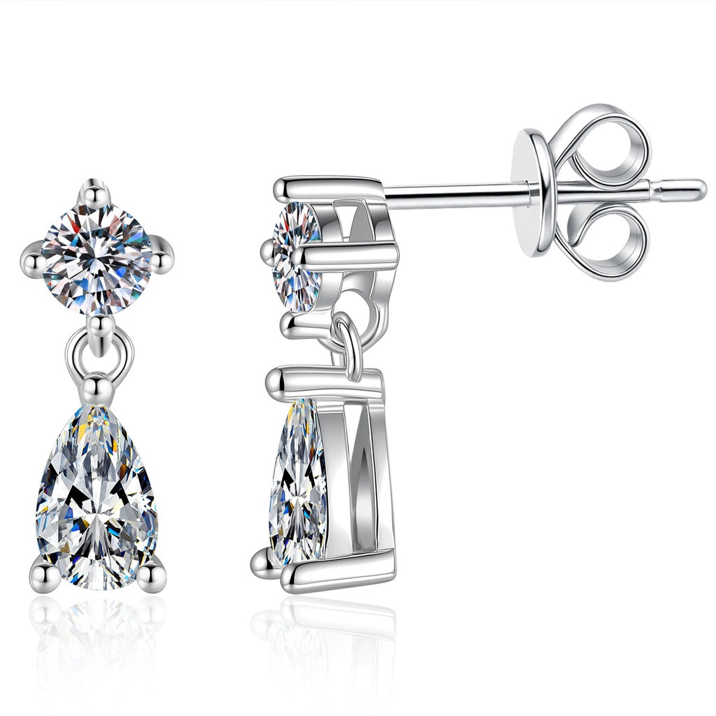 Pear Moissanite Drop Earrings in White Gold-Plated S925 Sterling Silver on clean white background showing a petite drop earring with a round top stone and pear-shaped moissanite dangle