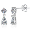 Pear Moissanite Drop Earrings in White Gold-Plated S925 Sterling Silver on clean white background showing a petite drop earring with a round top stone and pear-shaped moissanite dangle