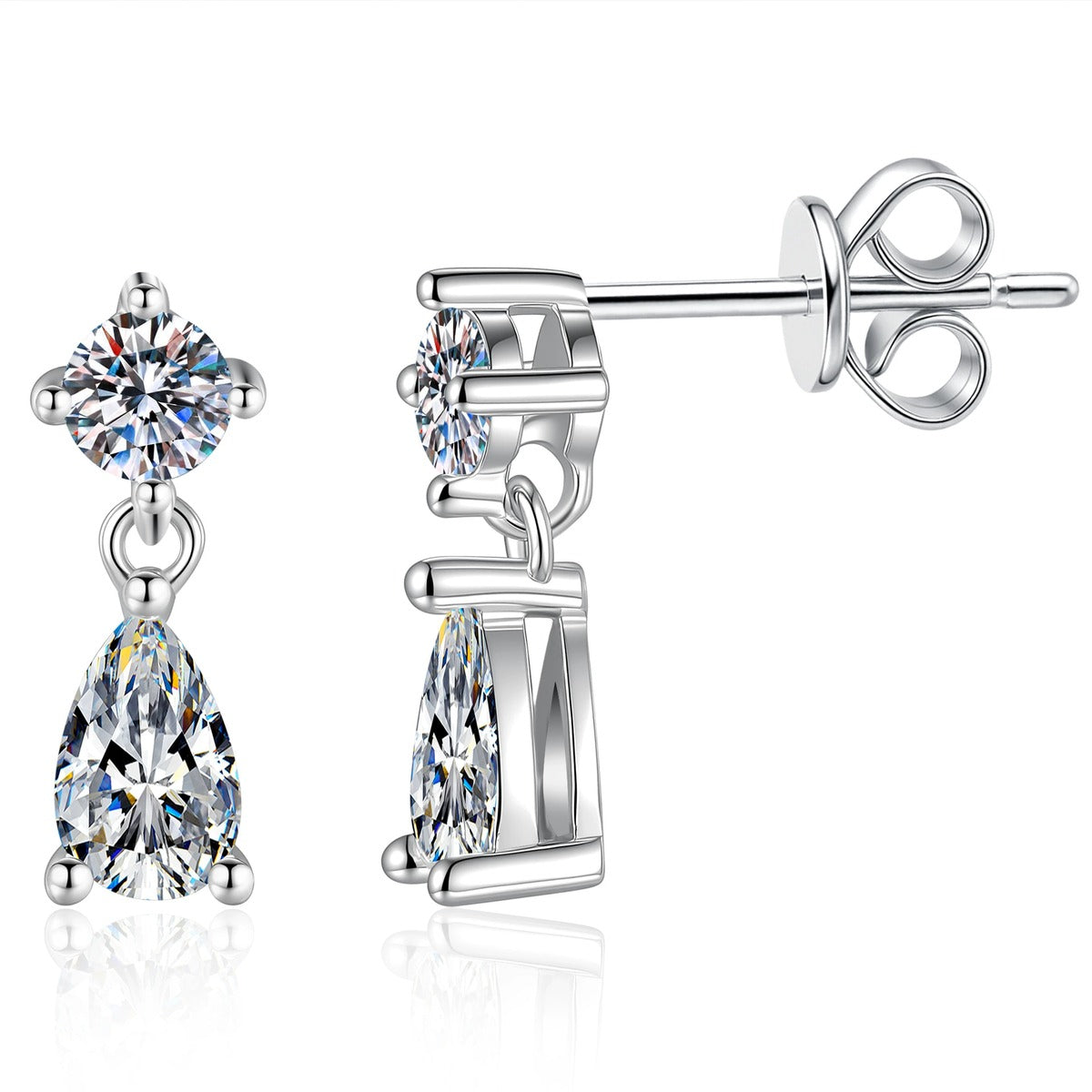 Pear Moissanite Drop Earrings in White Gold-Plated S925 Sterling Silver on clean white background showing a petite drop earring with a round top stone and pear-shaped moissanite dangle