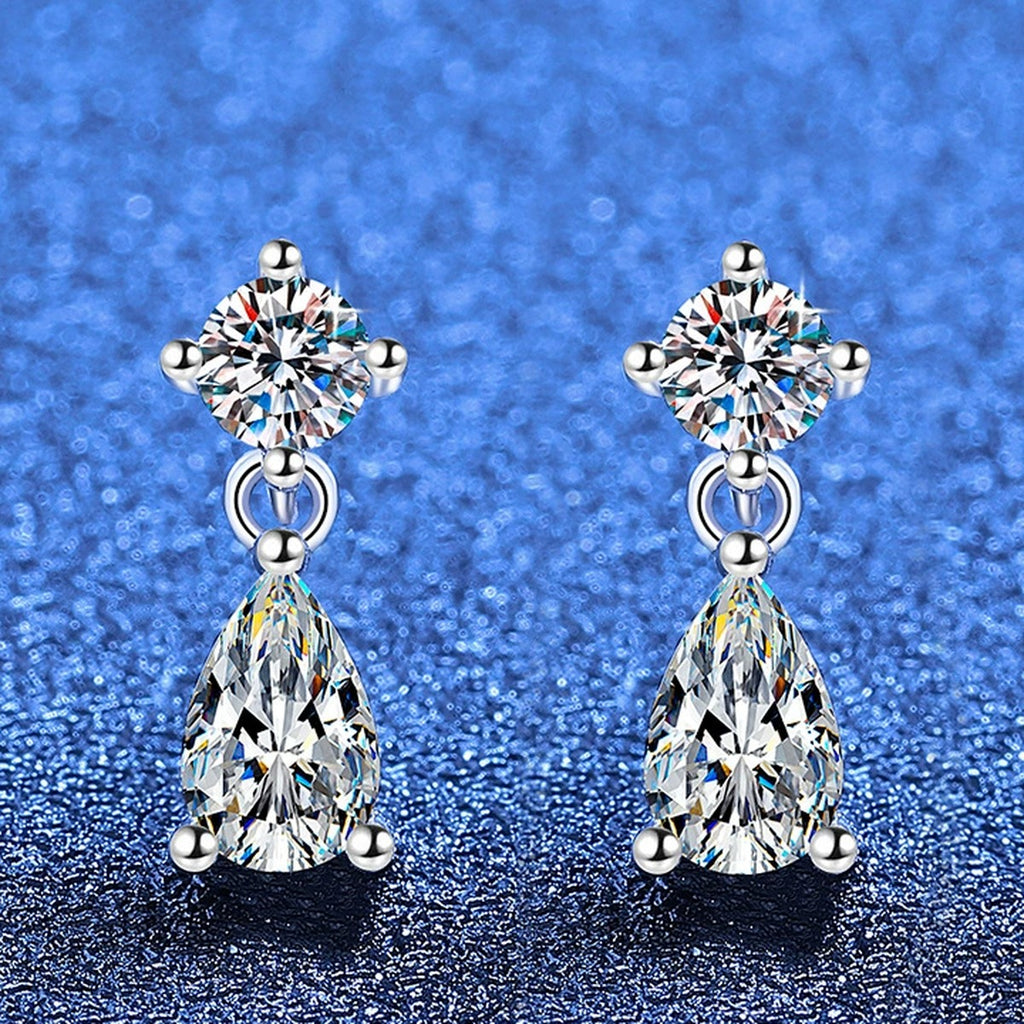 Pear Moissanite Drop Earrings in White Gold-Plated S925 Sterling Silver blue scene product view