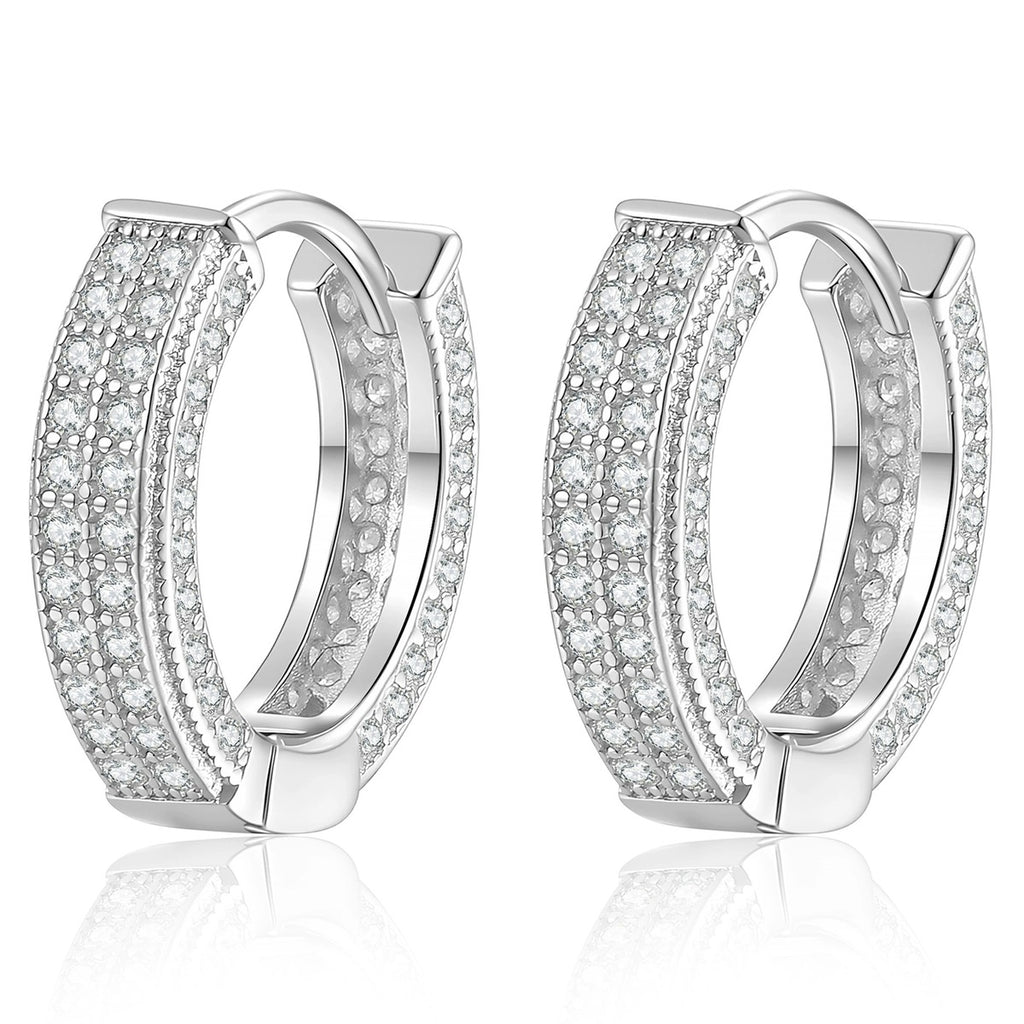 Pavé Moissanite Hoop Earrings in White Gold-Plated S925 Silver on clean white background showing the pair and wide pavé hoop earrings with rows of small moissanite stones
