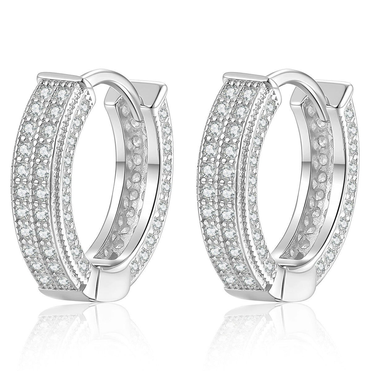 Pavé Moissanite Hoop Earrings in White Gold-Plated S925 Silver on clean white background showing the pair and wide pavé hoop earrings with rows of small moissanite stones