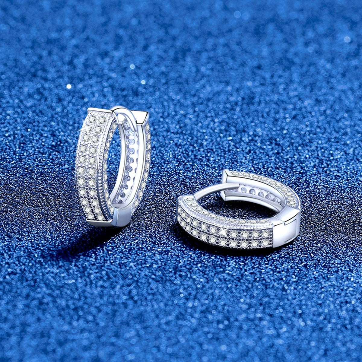 Pavé Moissanite Hoop Earrings in White Gold-Plated S925 Silver blue scene product view