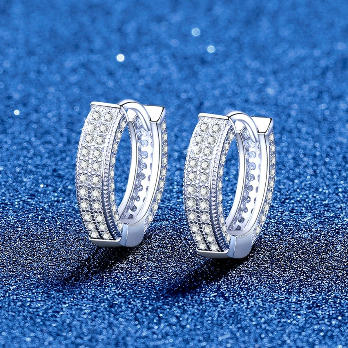 Pavé Moissanite Hoop Earrings in White Gold-Plated S925 Silver blue scene angled view