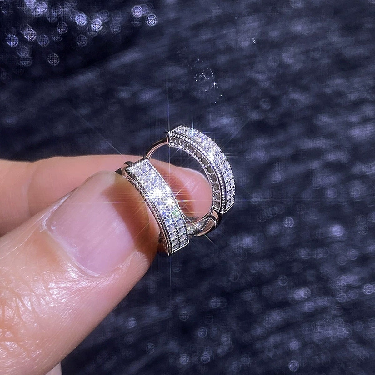 Pavé Moissanite Hoop Earrings in White Gold-Plated S925 Silver close-up product detail view