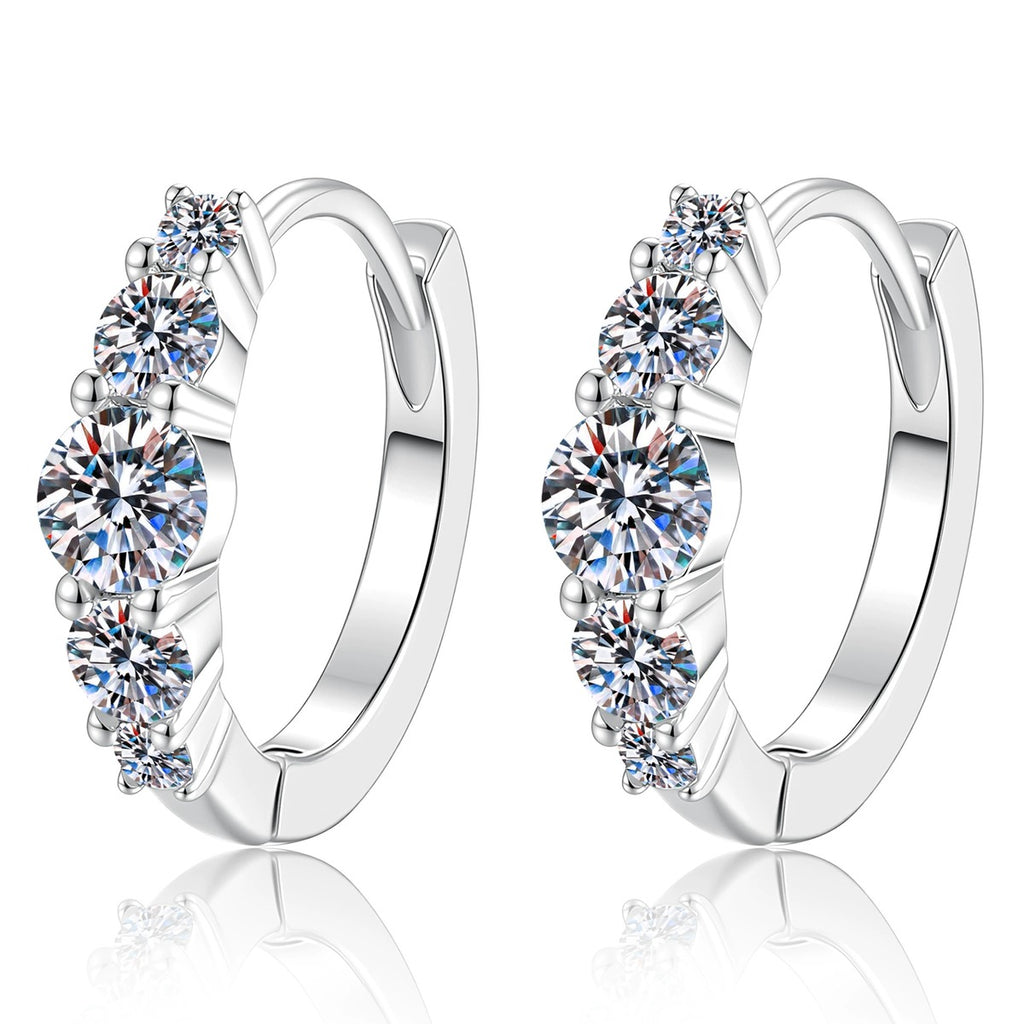 Graduated Moissanite Hoop Earrings in White Gold-Plated S925 Silver on clean white background showing the pair and graduated hoop earrings with round moissanite stones from 1.9mm to 4mm