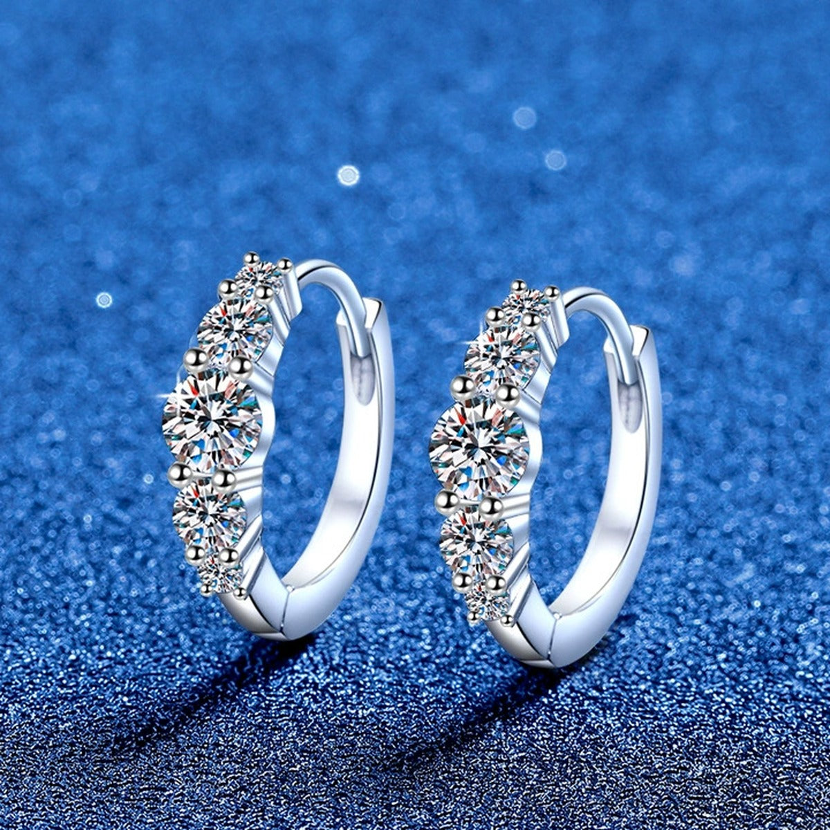 Graduated Moissanite Hoop Earrings in White Gold-Plated S925 Silver blue scene product view