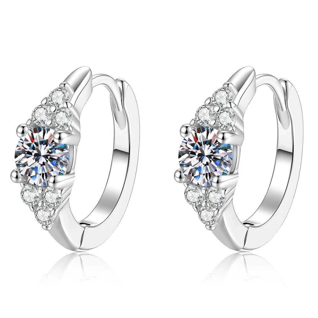Cluster Moissanite Hoop Earrings with CZ in S925 Sterling Silver on clean white background showing the pair and compact cluster hoop earrings with a round moissanite center