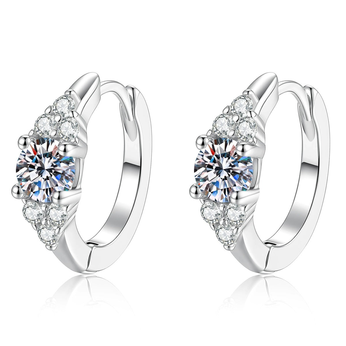 Cluster Moissanite Hoop Earrings with CZ in S925 Sterling Silver on clean white background showing the pair and compact cluster hoop earrings with a round moissanite center