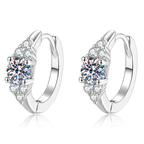 Cluster Moissanite Hoop Earrings with CZ in S925 Sterling Silver on clean white background showing the pair and compact cluster hoop earrings with a round moissanite center