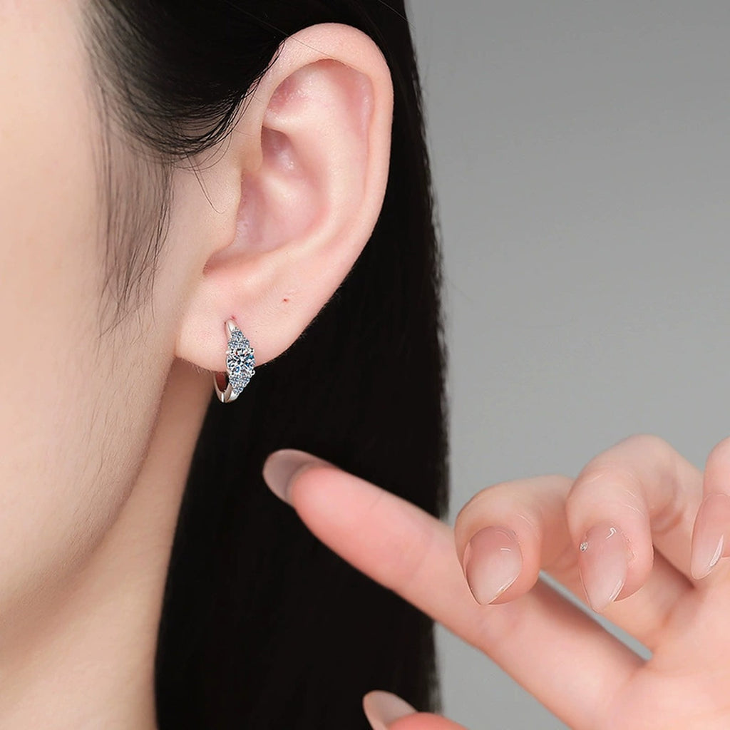 Cluster Moissanite Hoop Earrings with CZ in S925 Sterling Silver worn on ear by model