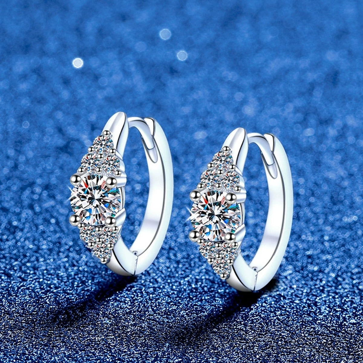 Cluster Moissanite Hoop Earrings with CZ in S925 Sterling Silver blue scene angled view