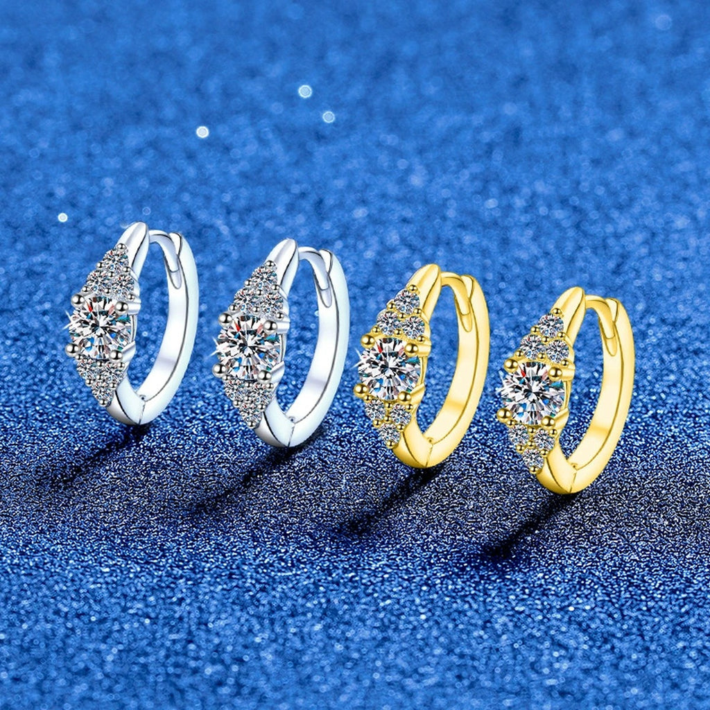 Cluster Moissanite Hoop Earrings with CZ in S925 Sterling Silver blue scene close-up view