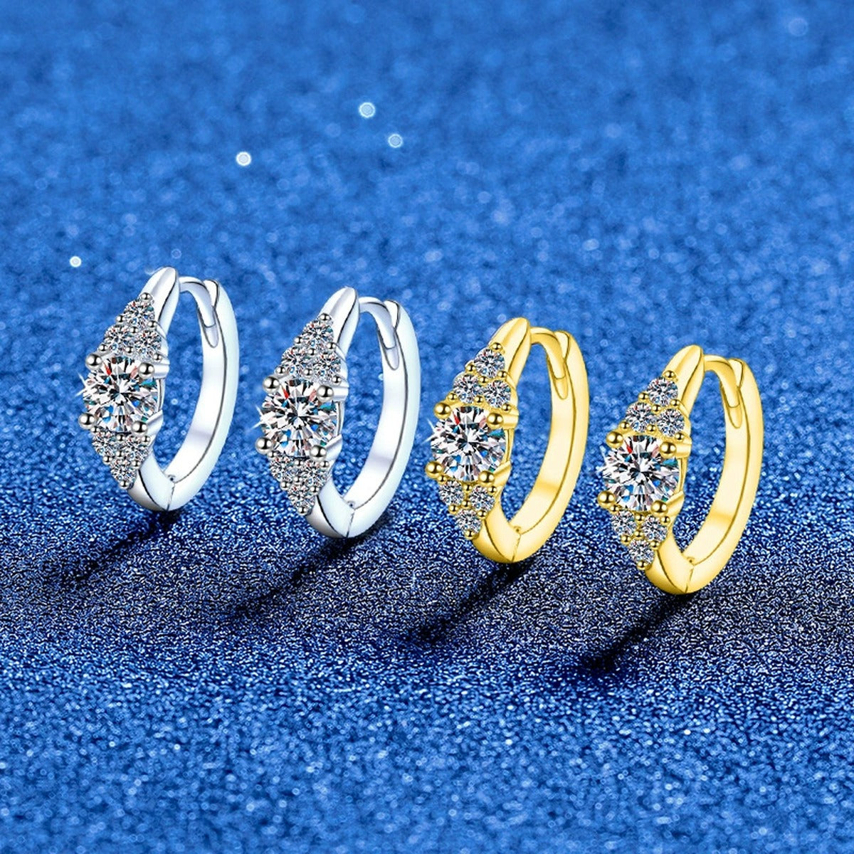 Cluster Moissanite Hoop Earrings with CZ in S925 Sterling Silver blue scene close-up view