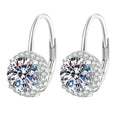 Round Moissanite Leverback Earrings with CZ in White Gold-Plated S925 Sterling Silver on clean white background showing a leverback earring with a round moissanite center and CZ halo