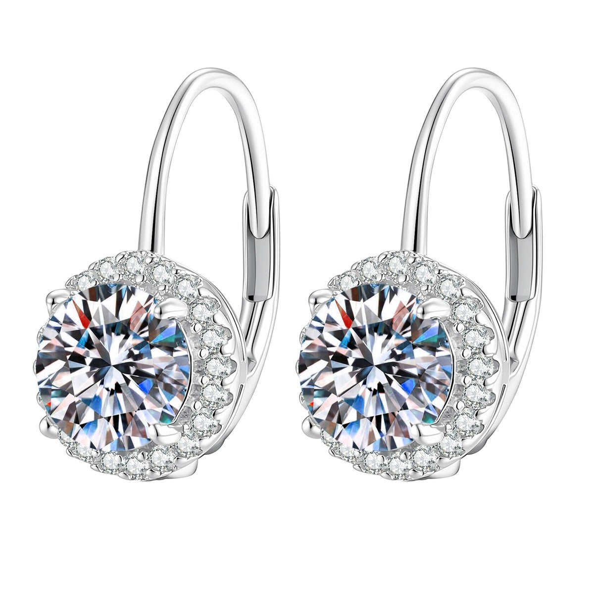 Round Moissanite Leverback Earrings with CZ in White Gold-Plated S925 Sterling Silver on clean white background showing a leverback earring with a round moissanite center and CZ halo