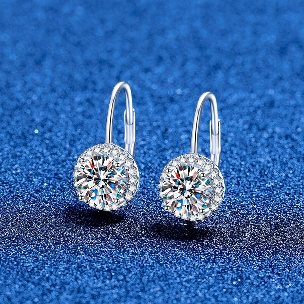 Round Moissanite Leverback Earrings with CZ in White Gold-Plated S925 Sterling Silver blue scene product view
